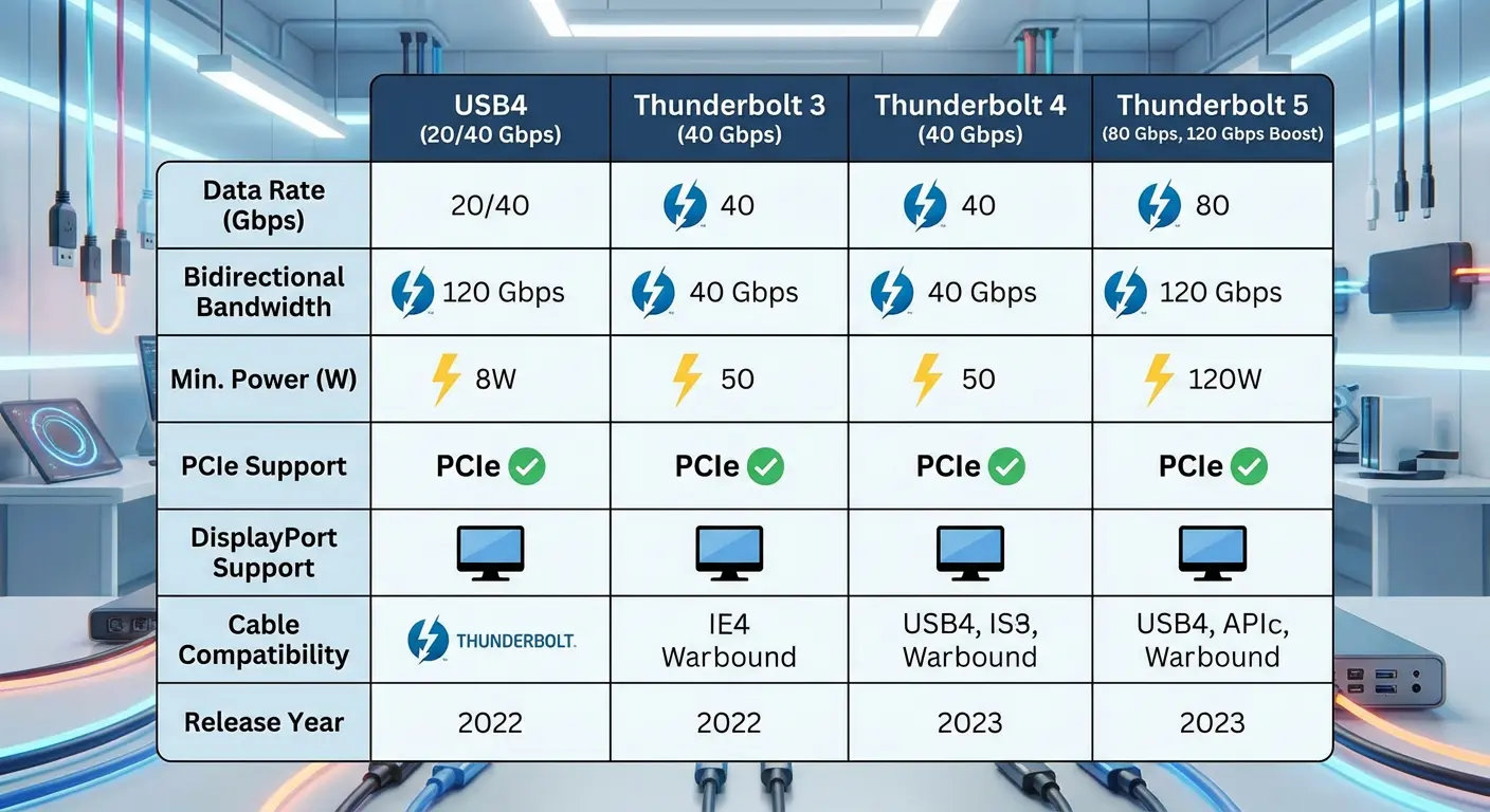 مقایسه USB4 با Thunderbolt 3، 4 و 5